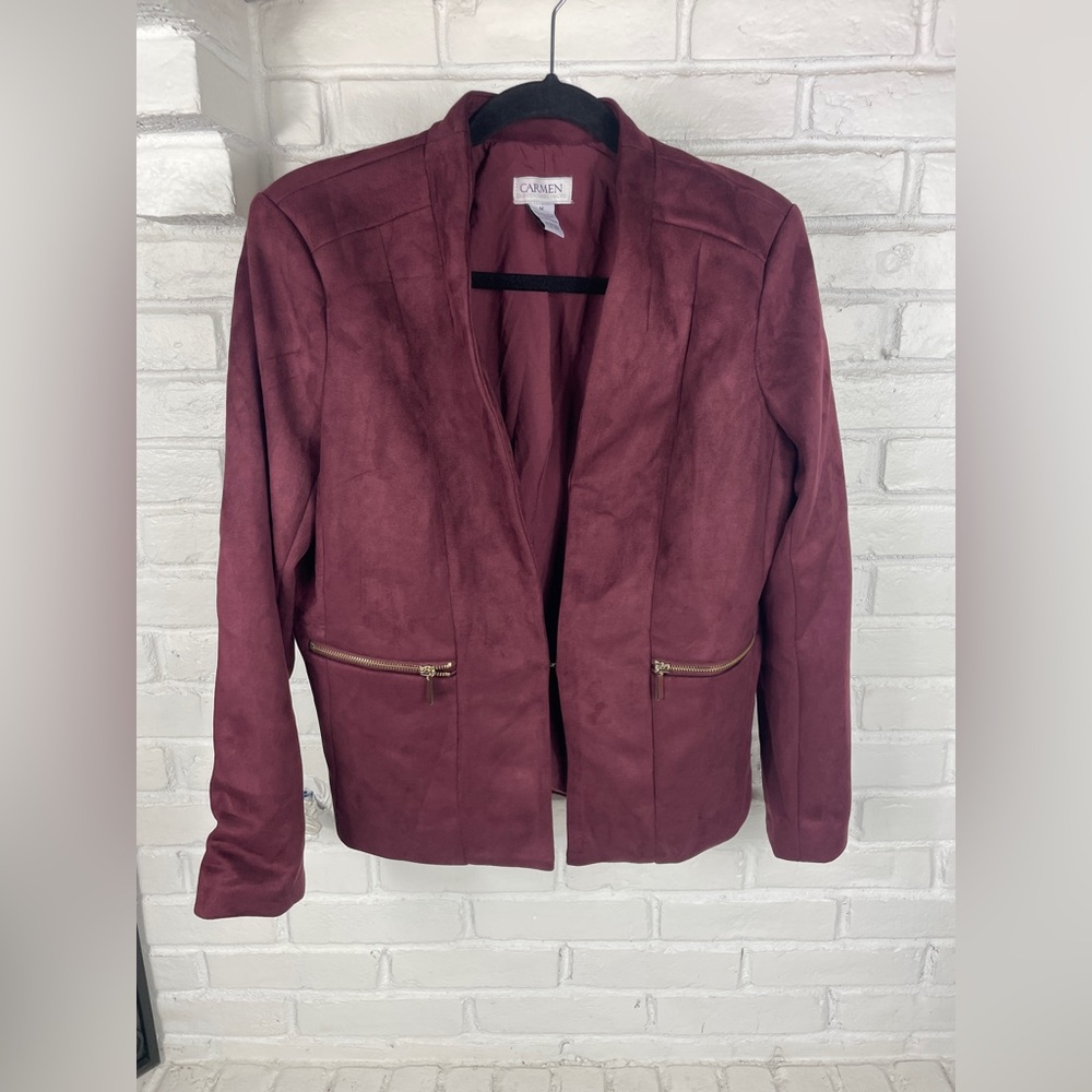 Carmen Faux Suede Zip Pocket Blazer in Burgundy – Medium bohemian